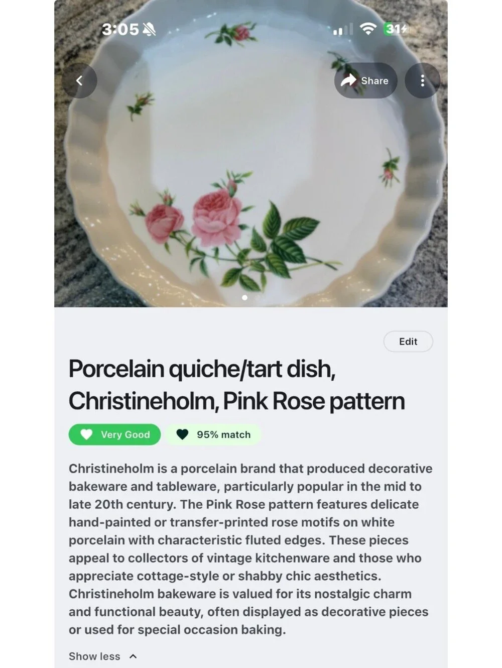 Christineholm Pink Rose Pattern Porcelain Quiche/Tart Dish